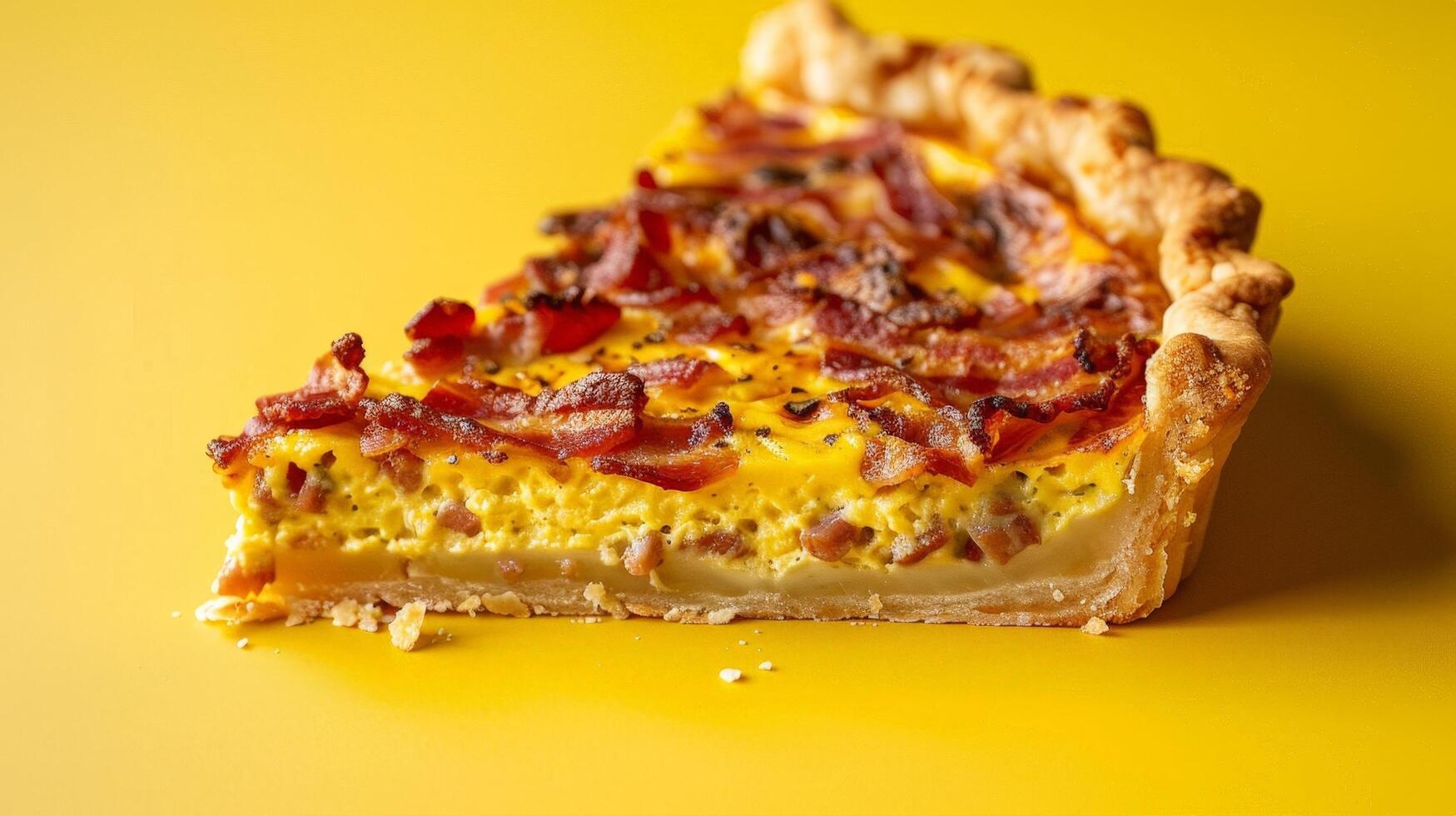 Delicious bacon and egg quiche on yellow background photo