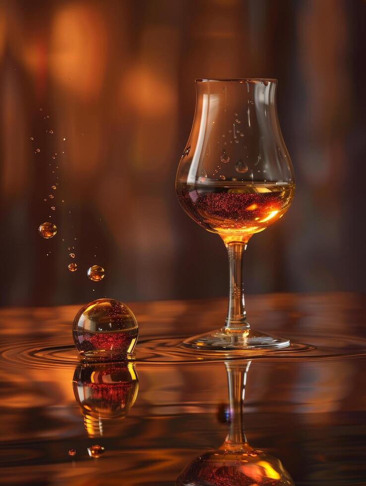 Whiskey glass with amber liquid and bubbles photo