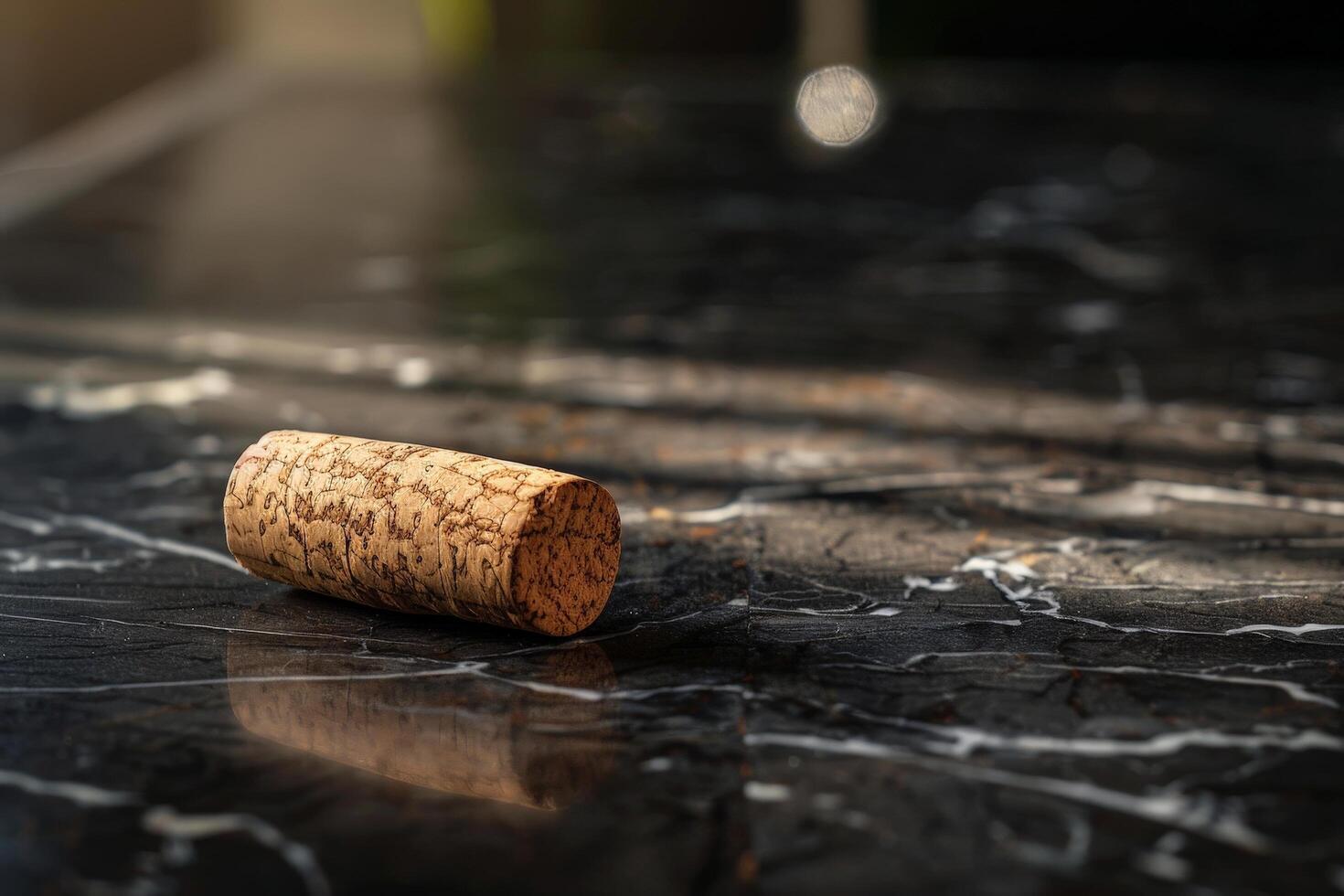 Close up of a wine cork on a black marble surface photo
