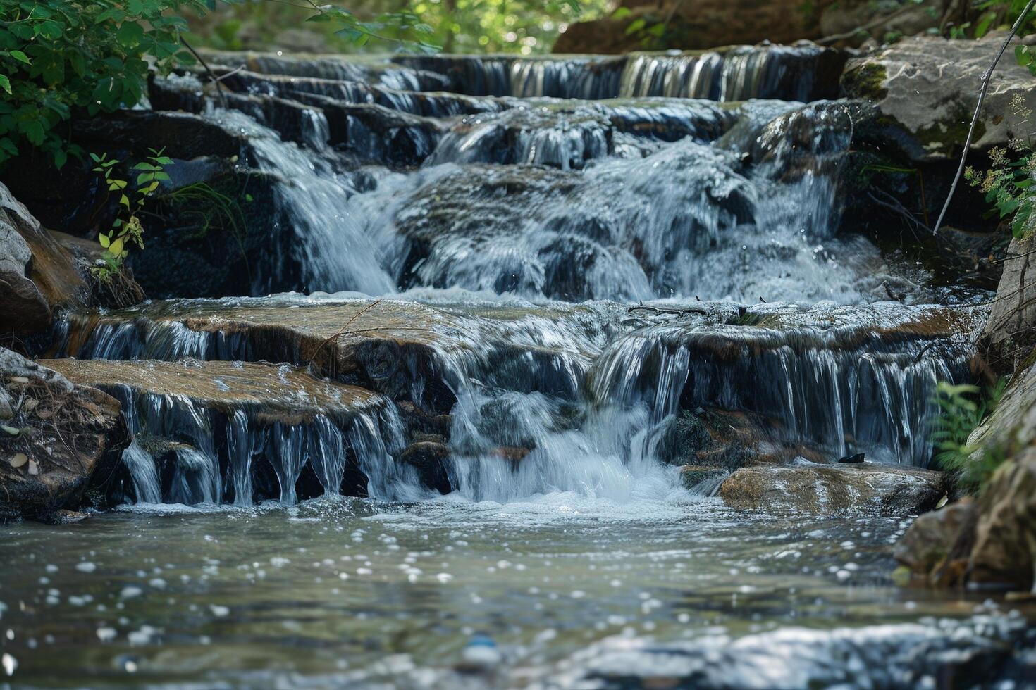 Cascading waterfall in lush green forest photo
