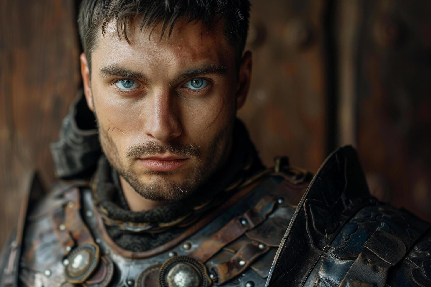 Rugged warrior with piercing blue eyes photo