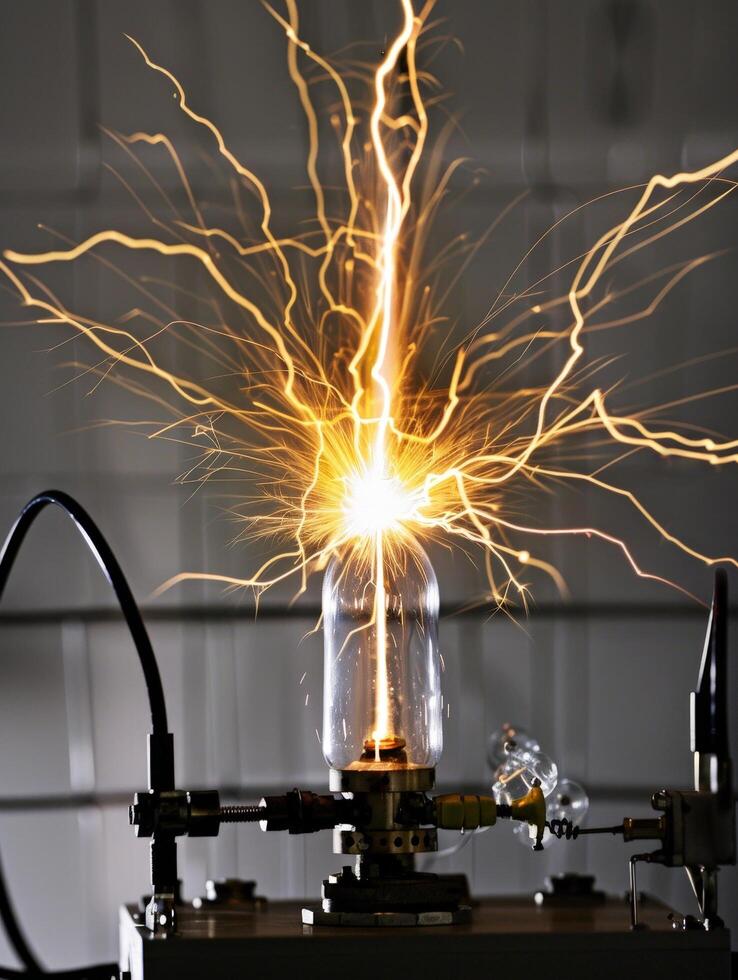 Electrical sparks and lightning bolts in a dark laboratory photo