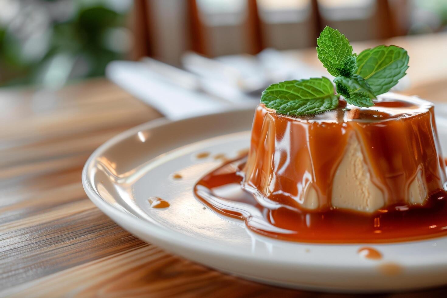 Delicious homemade flan dessert with caramel sauce and mint garnish photo