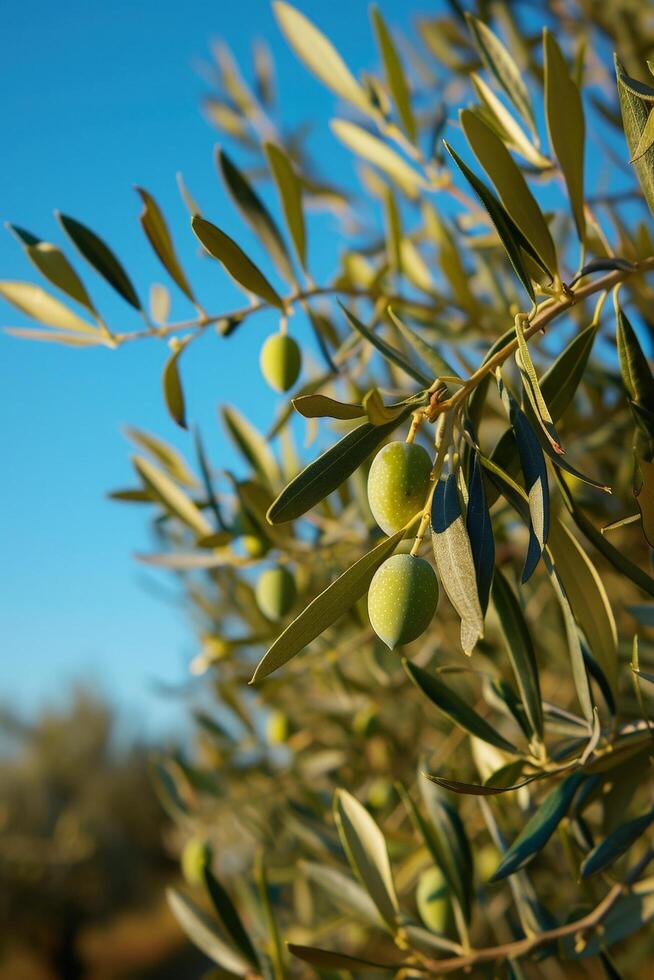 Close up of olive tree branches with green olives photo