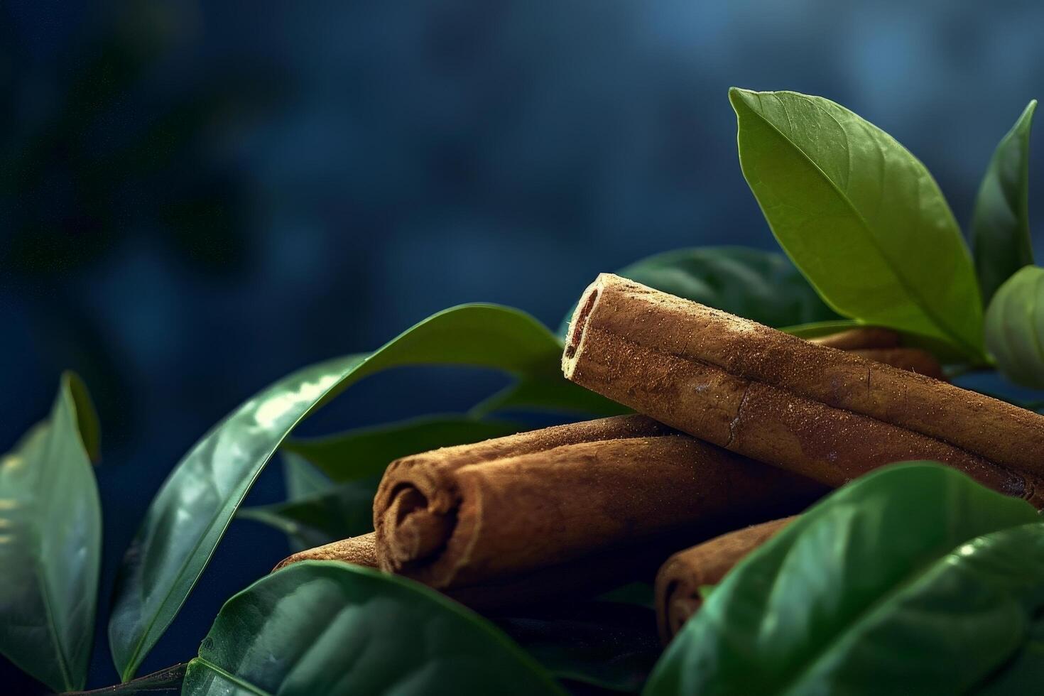 Cinnamon sticks and green leaves in dark background photo