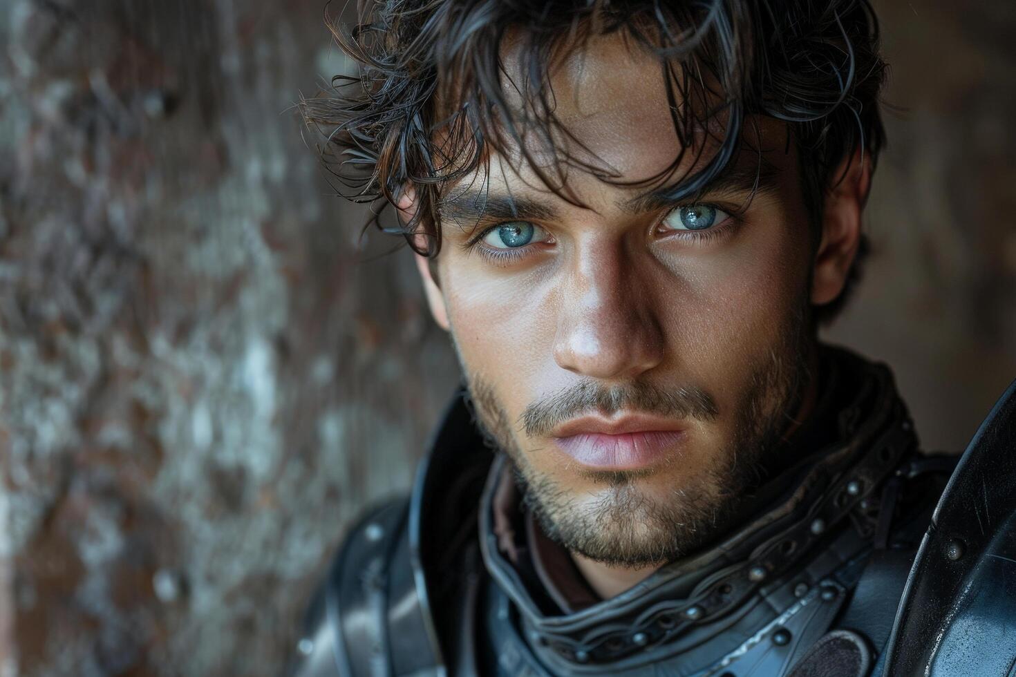 Intense gaze of a rugged man with dark hair and piercing blue eyes photo