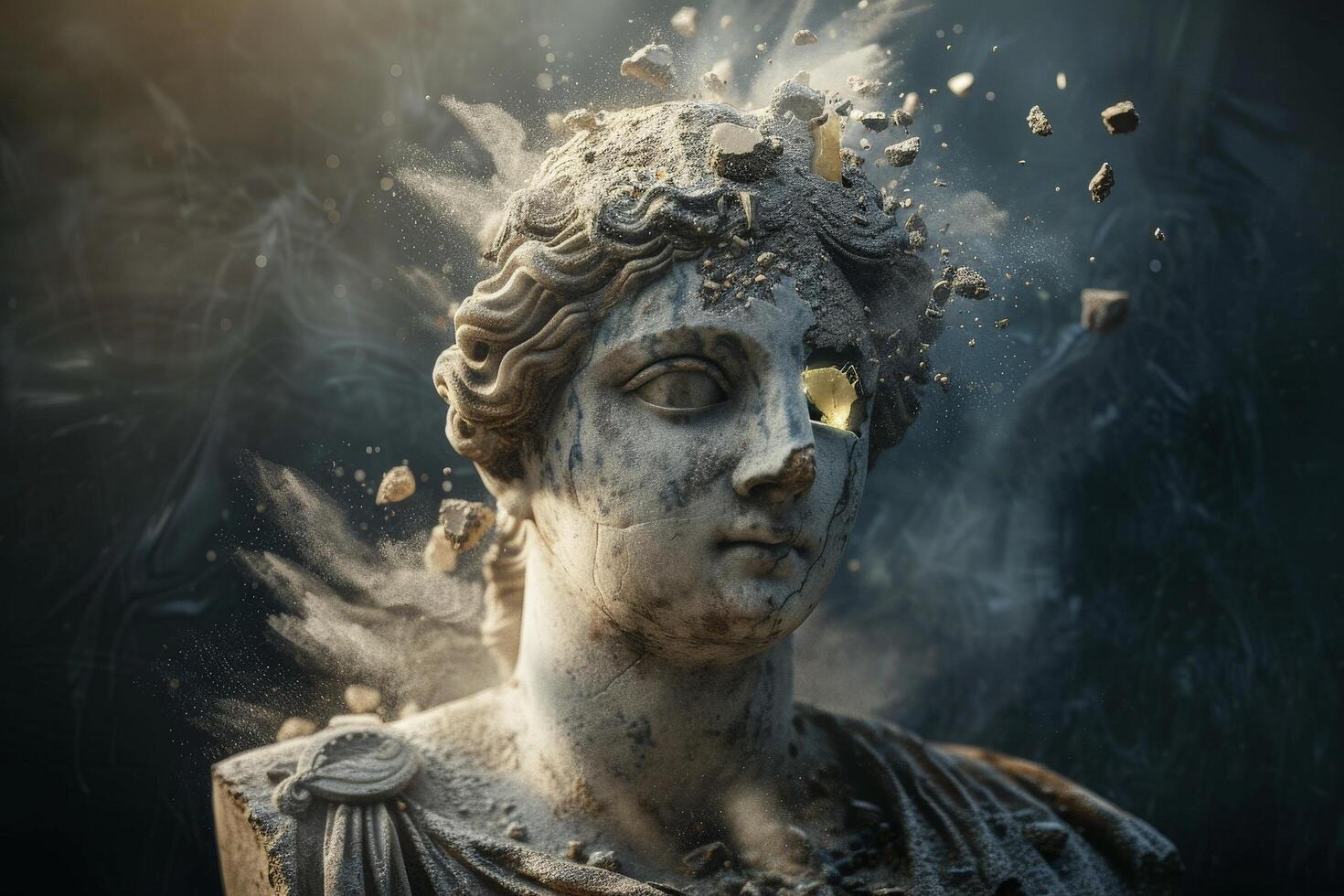 Weathered ancient statue in dramatic lighting photo