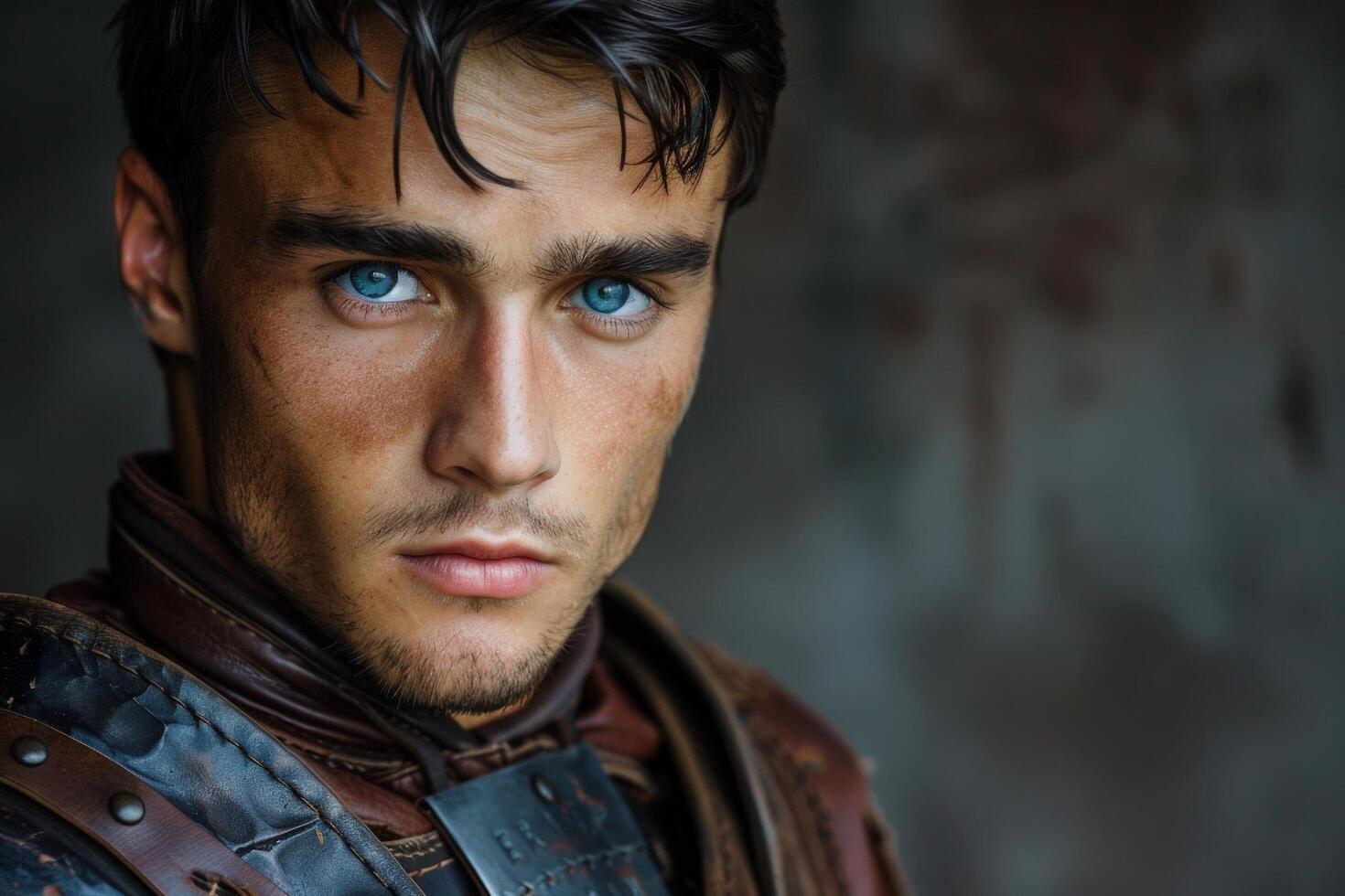 Intense gaze of a rugged male with striking blue eyes photo