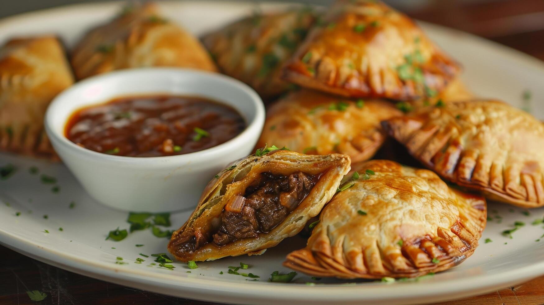 Delicious homemade beef empanadas with dipping sauce photo