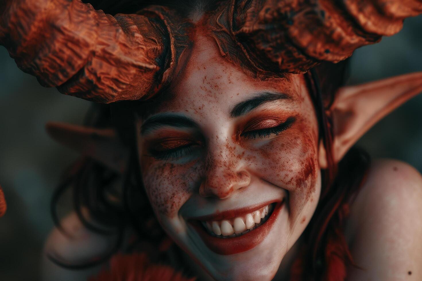 Joyful young woman with freckles and curly hair photo