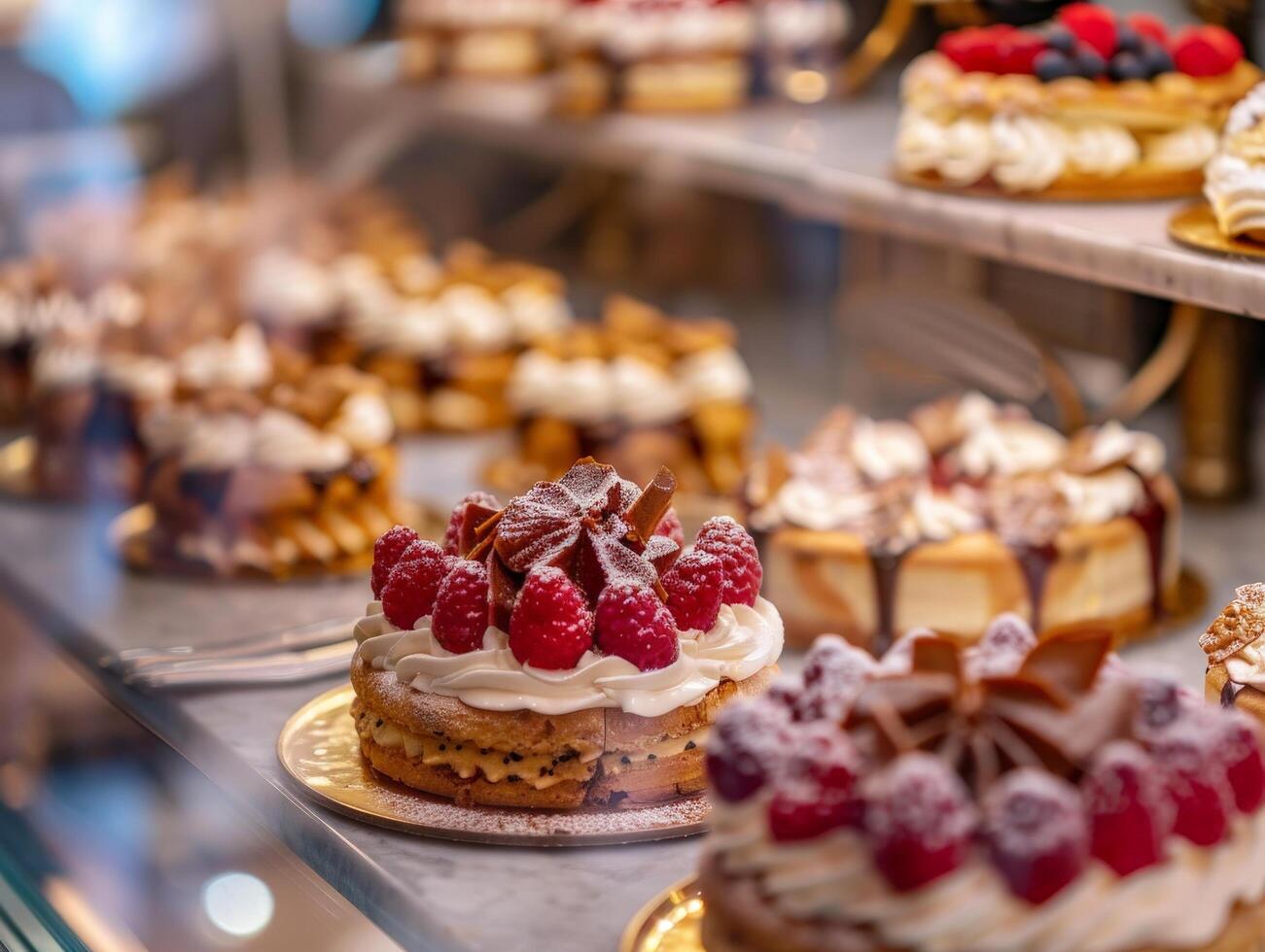 Delicious pastries and desserts on display in a bakery photo