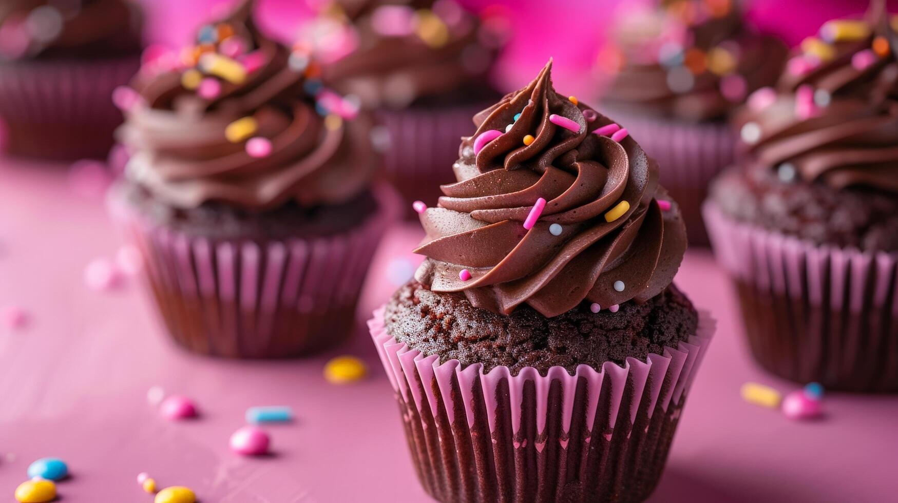 Delicious chocolate cupcakes with colorful sprinkles photo