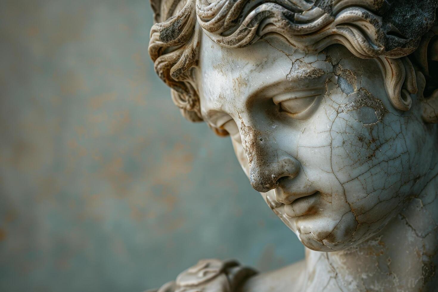 Weathered ancient stone statue face photo