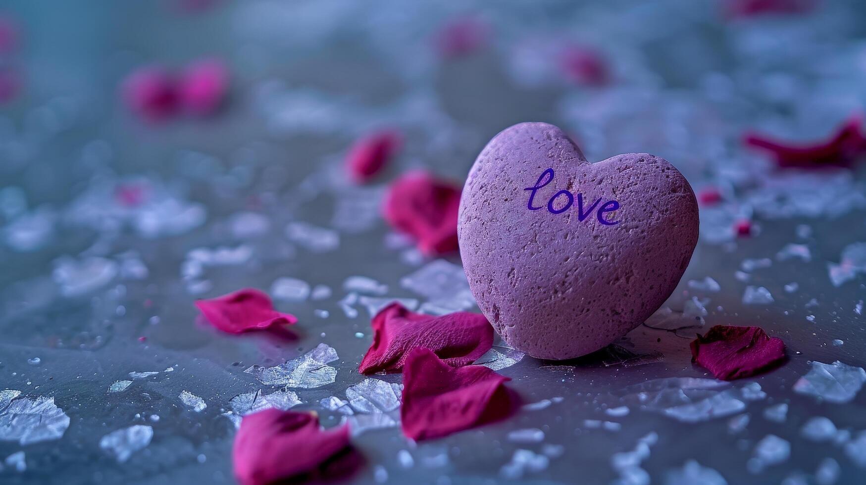 love heart with rose petals on wet surface photo