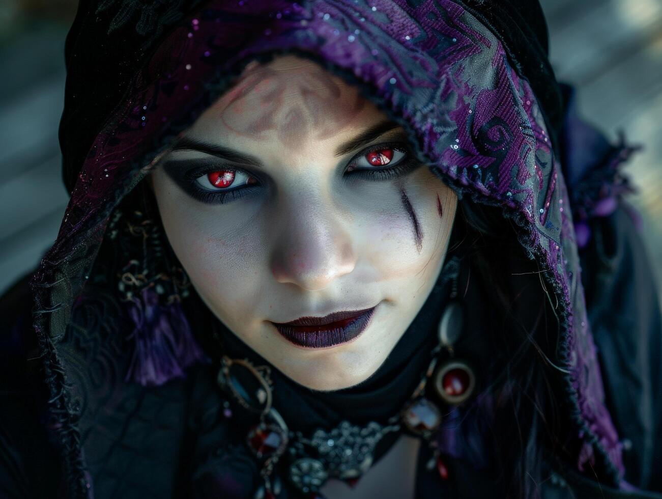 Mysterious woman with glowing red eyes photo