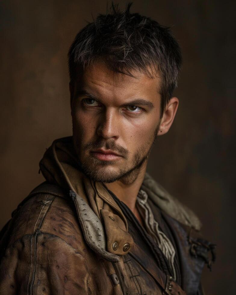 Rugged and determined man with intense gaze photo
