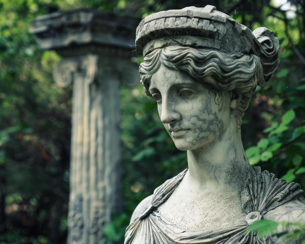 ancient greek statue in lush garden photo