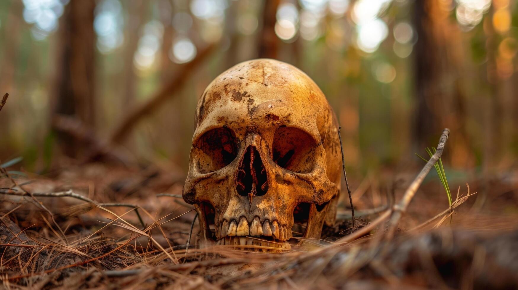 Weathered skull in the forest photo