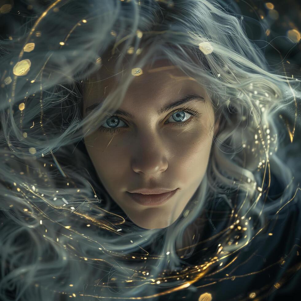 Ethereal woman with piercing blue eyes photo