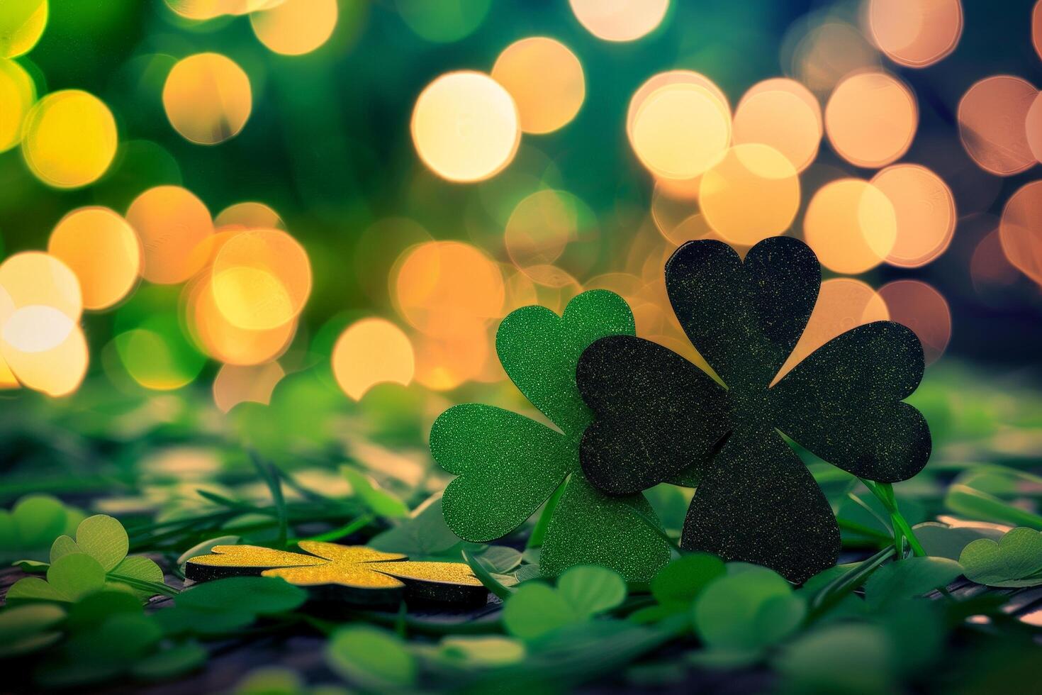 Glittering shamrocks on a green background with blurred lights photo