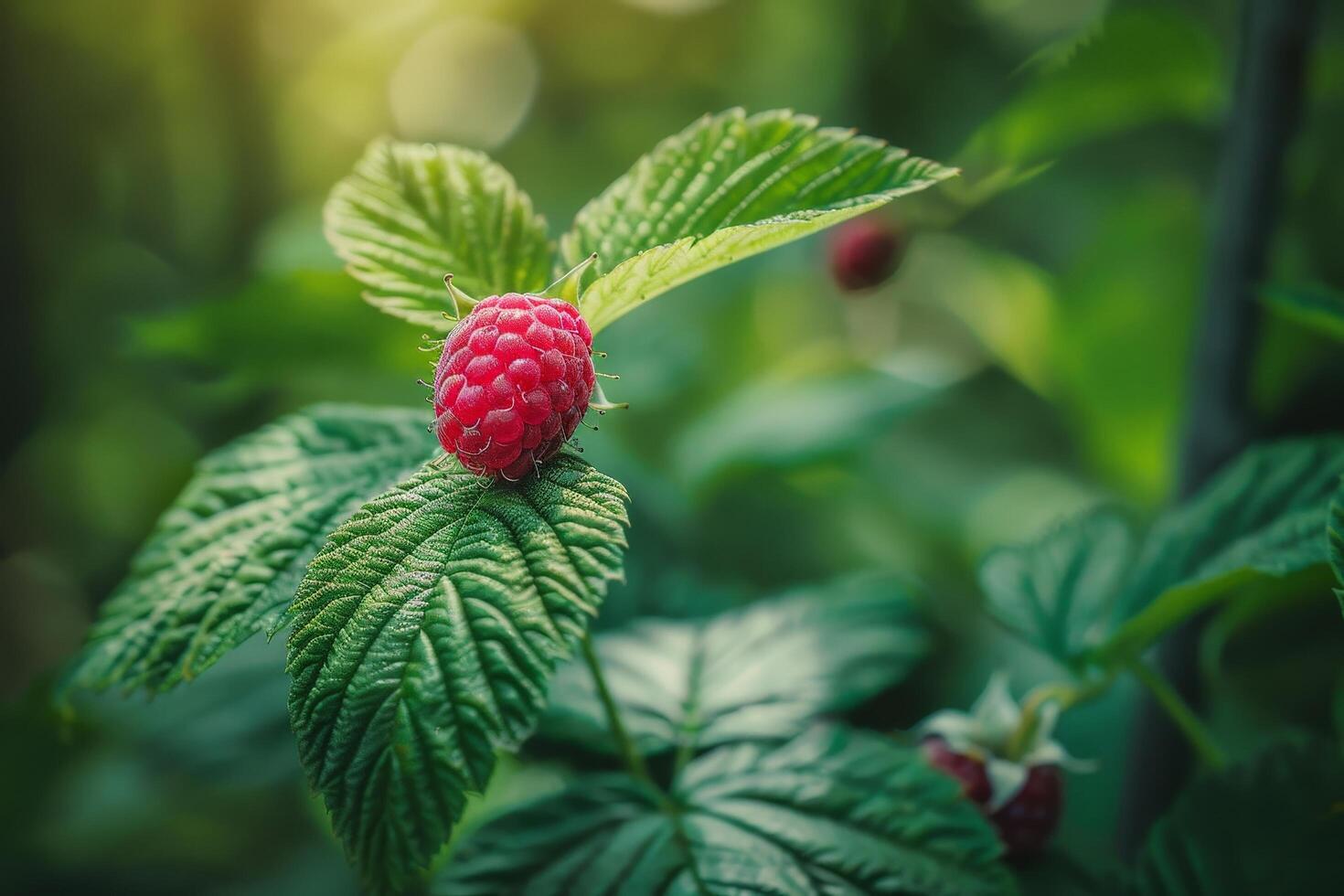 Ripe red raspberry on green leaves photo