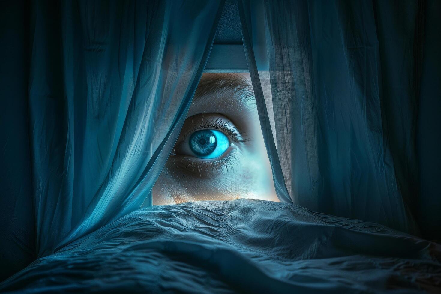 Mysterious eye peeking through curtains photo