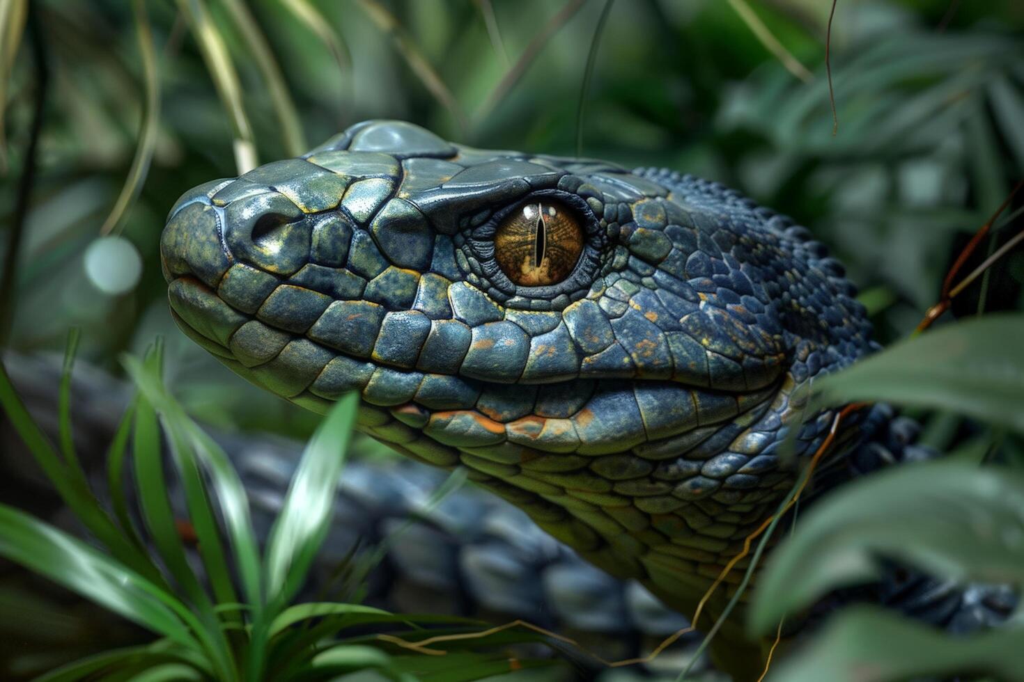 Closeup of a colorful snake in the grass photo