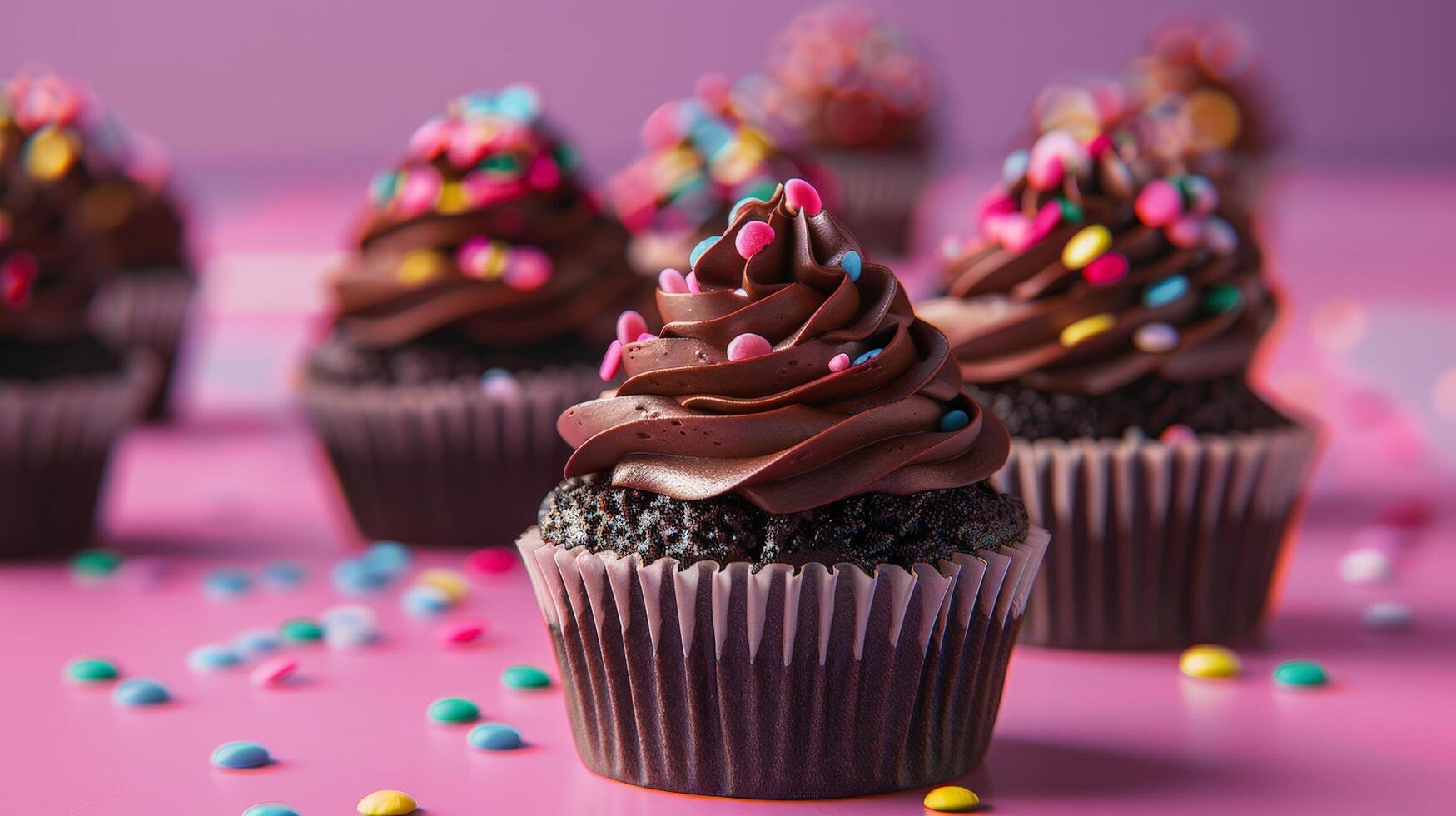 Delicious chocolate cupcakes with colorful sprinkles photo