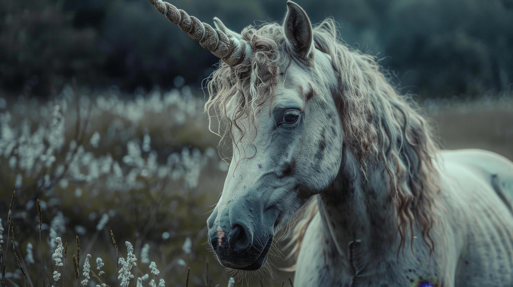 Majestic white horse with flowing mane in snowy field photo