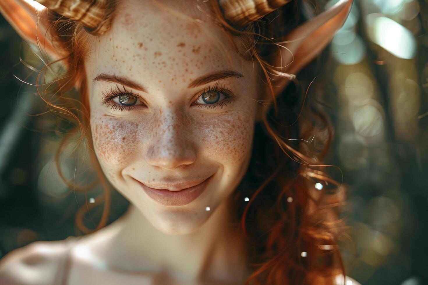 Smiling woman with freckles and curly red hair photo