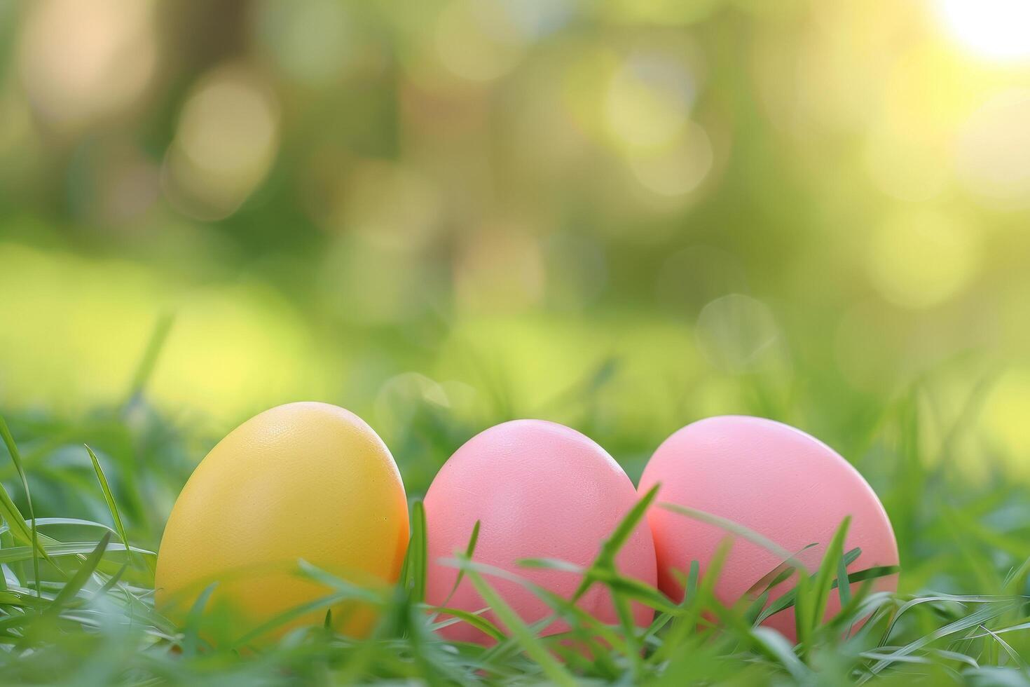 Colorful Easter eggs in green grass photo