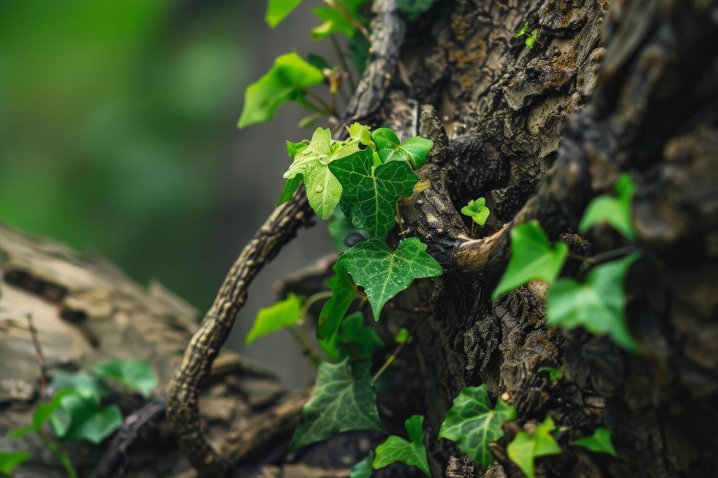 Ivy climbing up a tree trunk in a lush, green forest photo
