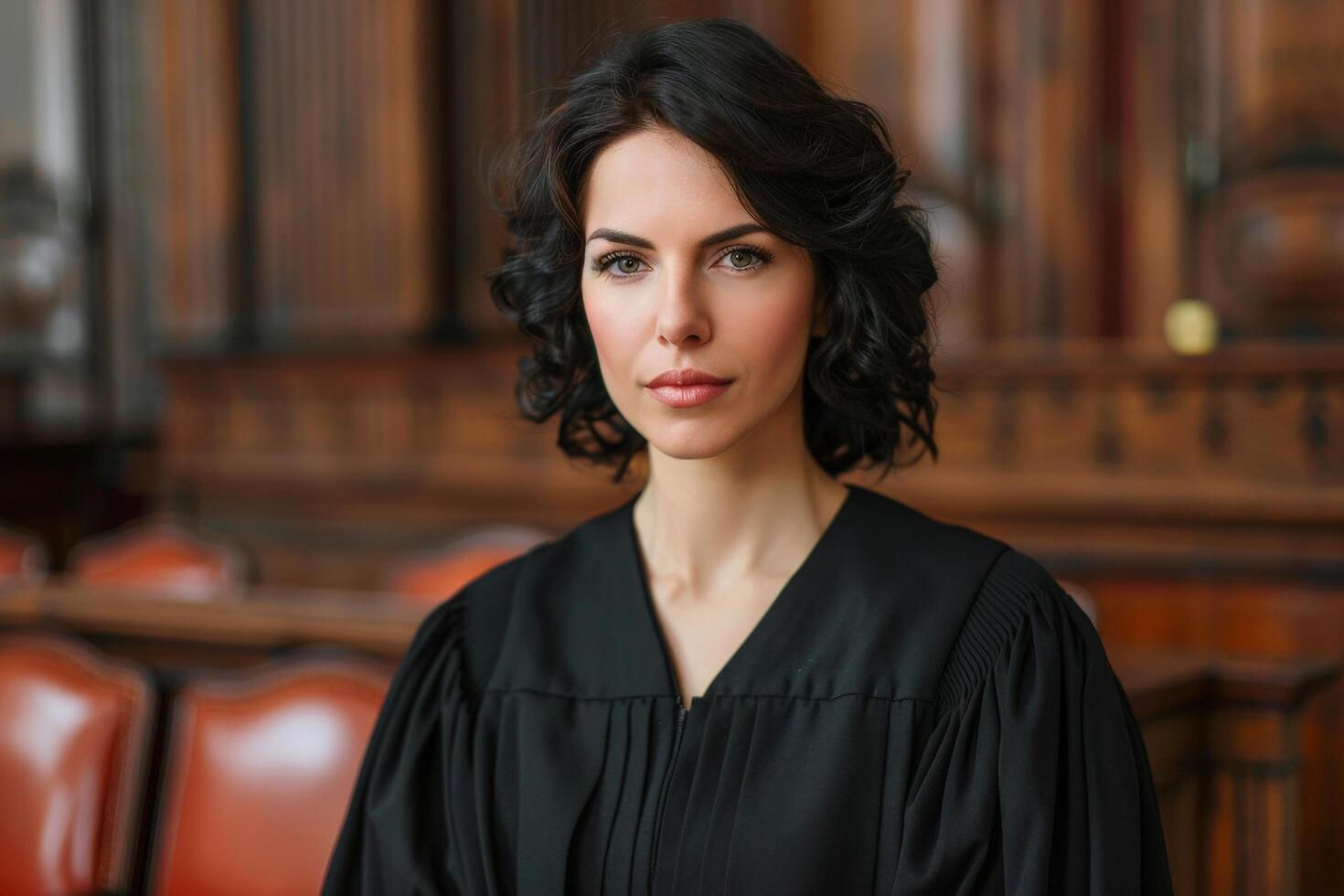 Serious woman in black robe looking at camera photo