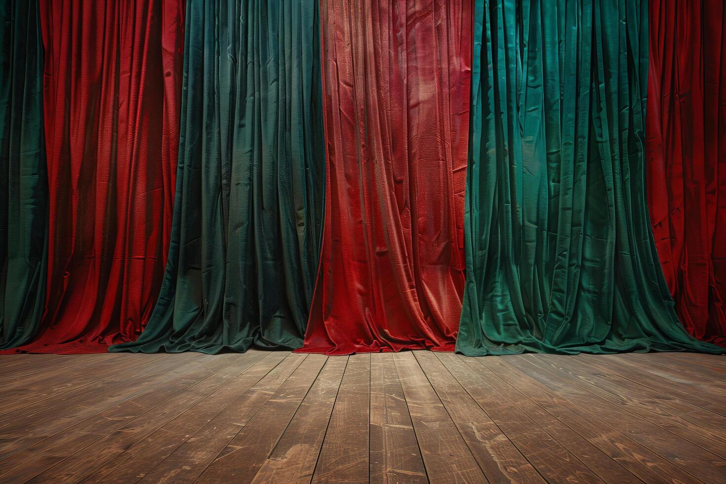 Theatrical stage with vibrant red and green curtains photo