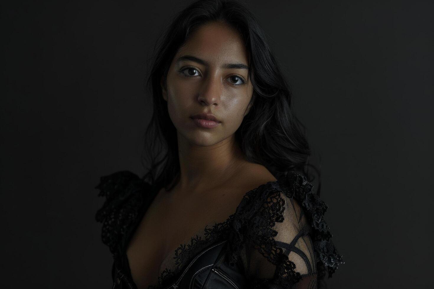 Mysterious and alluring woman in black dress photo