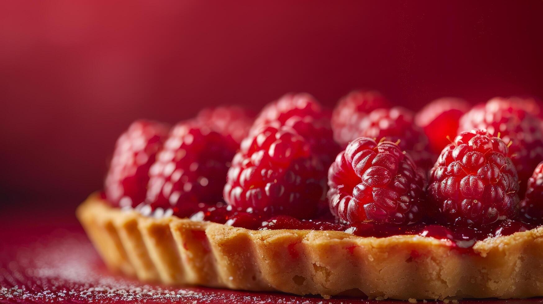 Delicious raspberry tart on red background photo