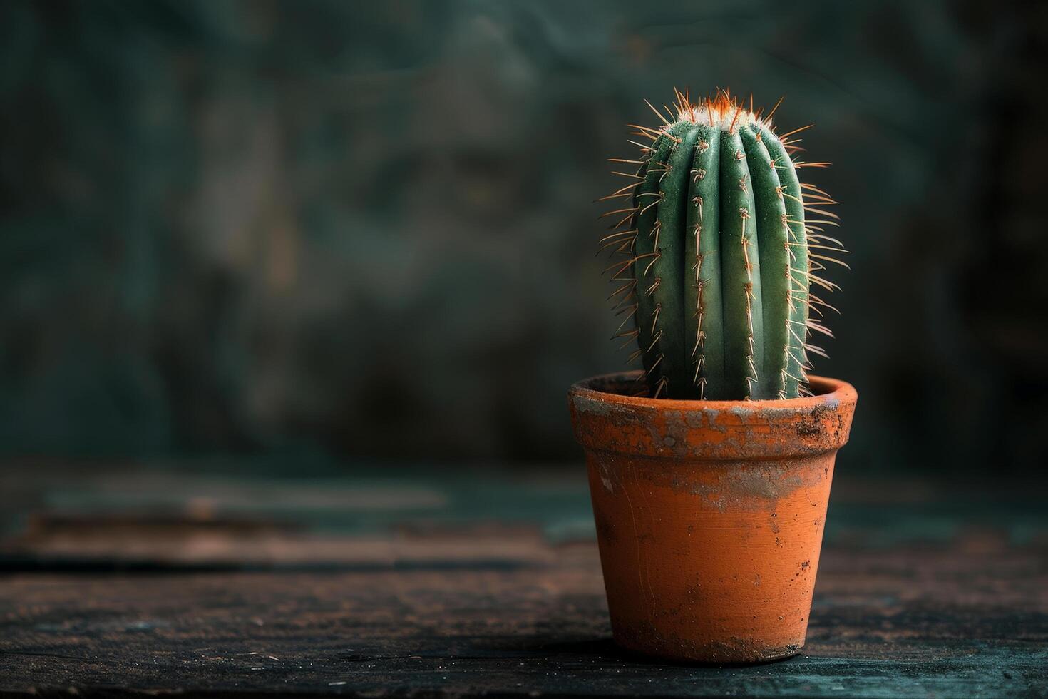 Cactus plant in rustic pot on dark background photo