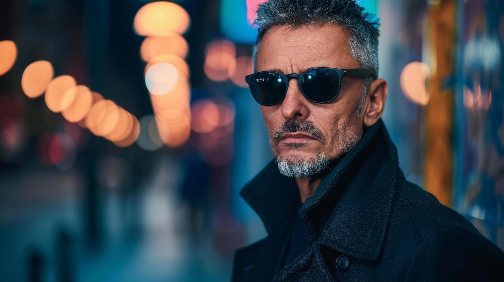 Mysterious man in sunglasses and coat on a city street at night photo