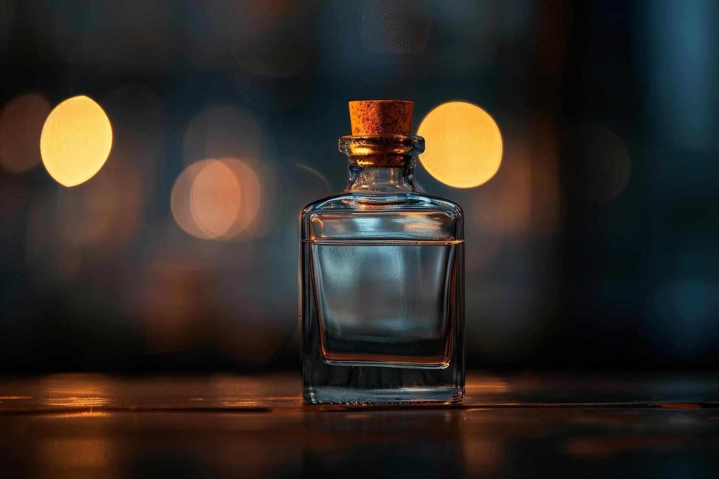 Elegant glass bottle with cork stopper on dark background photo