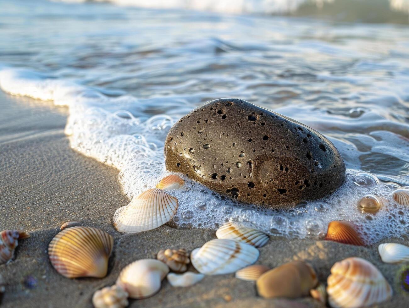 Tranquil beach scene with seashells and a smooth rock photo