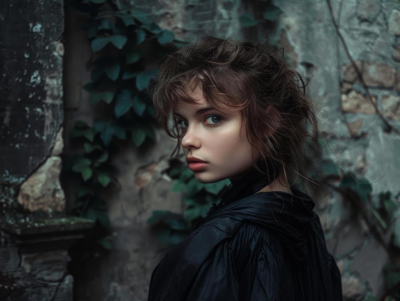 Mysterious young woman in dark cloak photo