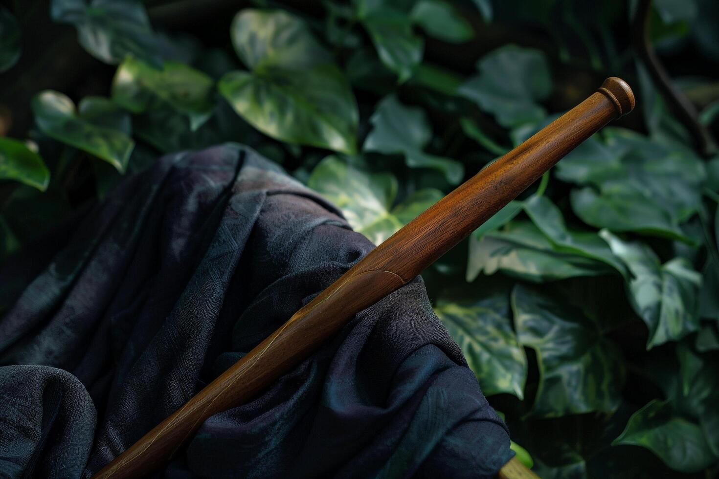 Mysterious figure with walking stick in lush foliage photo