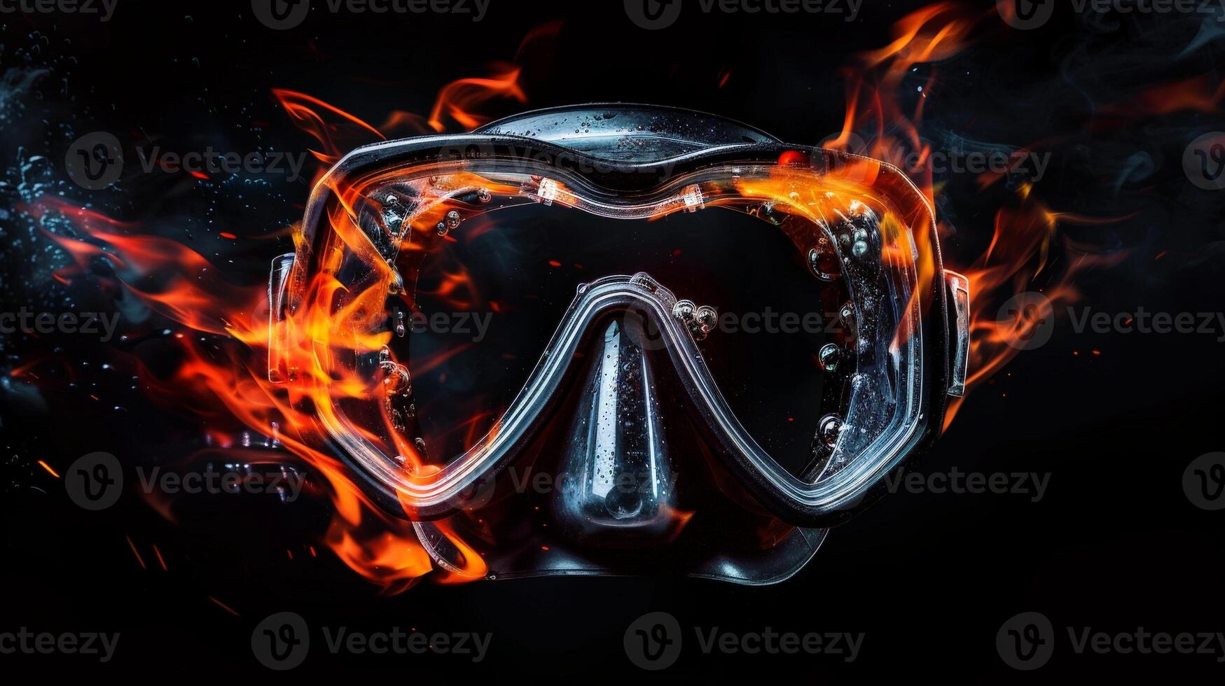 Fiery diving mask with flames and bubbles photo
