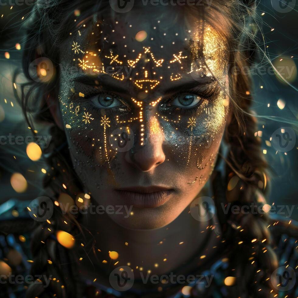 Mystical woman with glowing face and sparkling lights photo