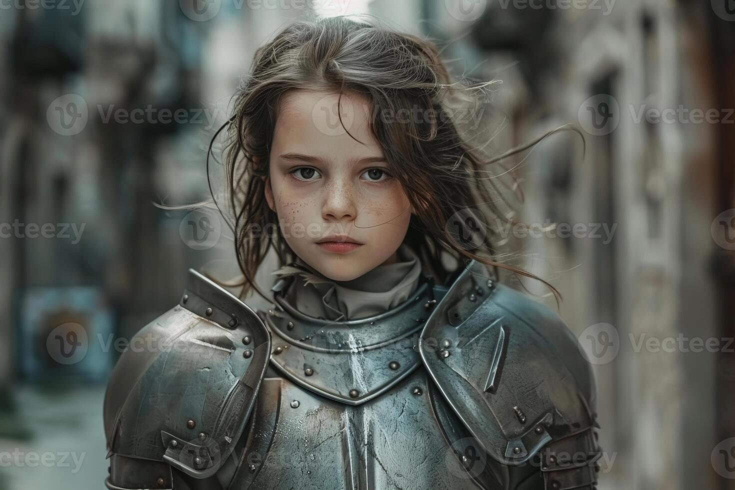 young warrior girl with armor and windblown hair photo