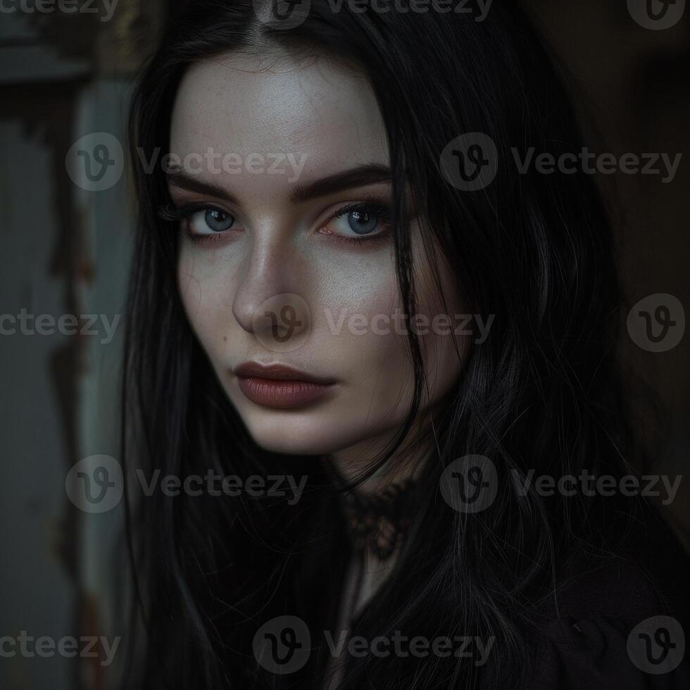 Mysterious woman with dark hair and intense gaze photo