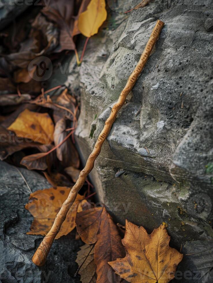 Autumn leaves and a wooden stick on a rocky surface photo
