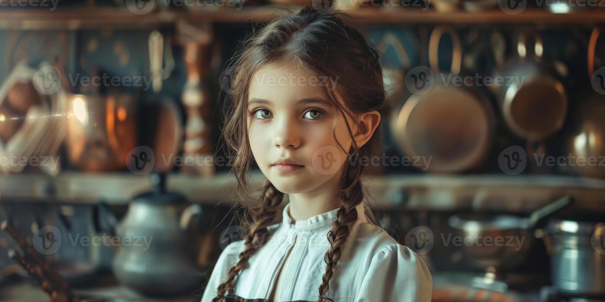 young girl with braided hair in vintage kitchen photo