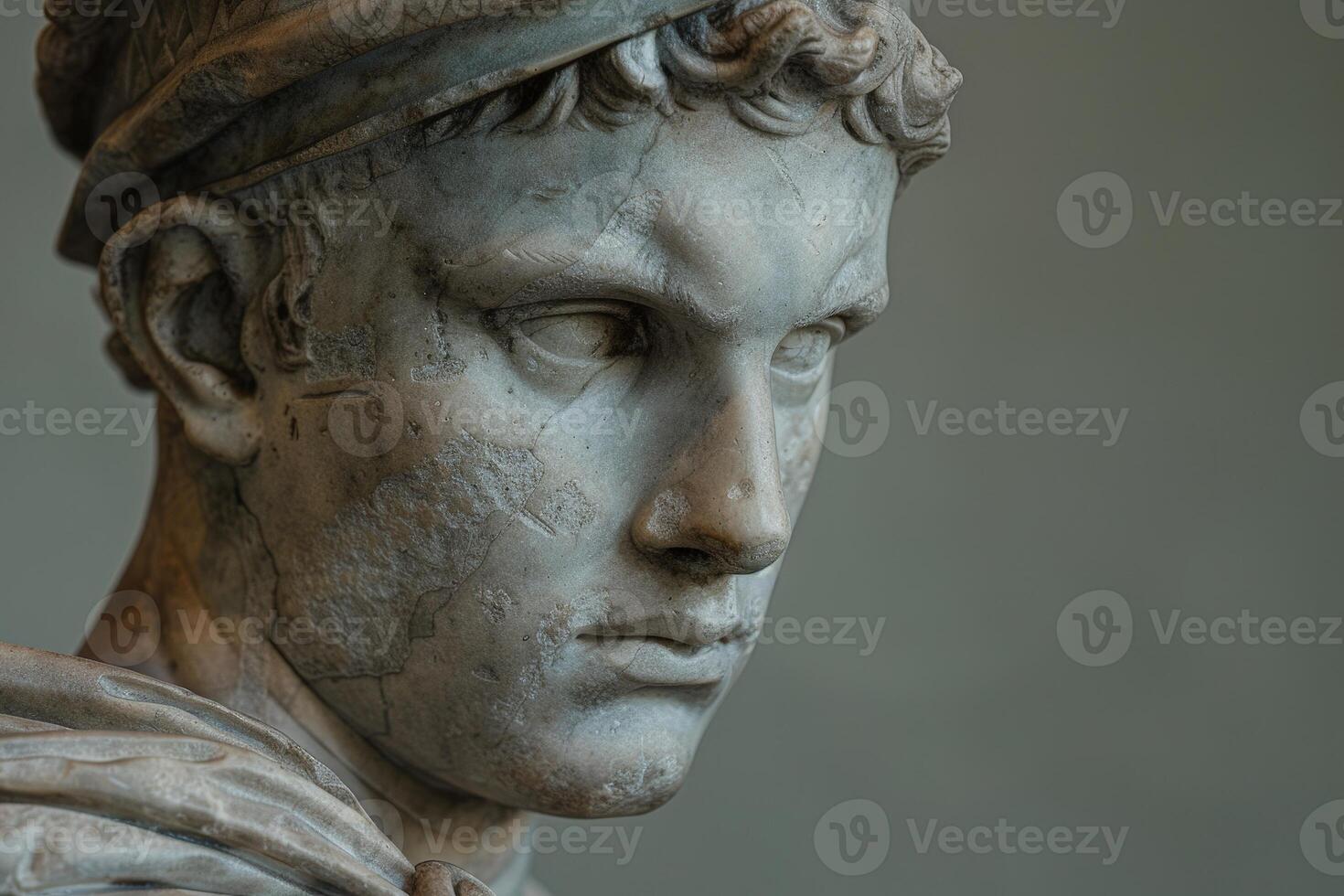 Closeup of ancient marble statue head photo