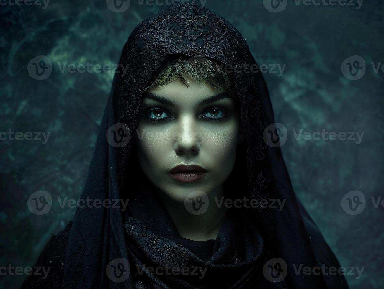 mysterious hooded figure in dark forest photo